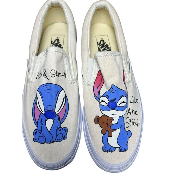 Lilo & Stitch Hand Painted Stitch Slip On White Vans White Women’s 9‎  Slip On - Picture 1 of 10